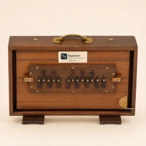 RagaLoom 15-inch teak shruti box with 13 notes tuned to 440 Hz, front view