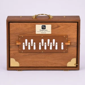 RagaLoom 16-inch Golden Special teak shruti box with 13 white note controls, front view
