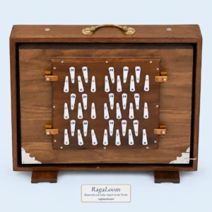 RagaLoom 17-inch teak three-reed shruti box tuned to 440 Hz, front view