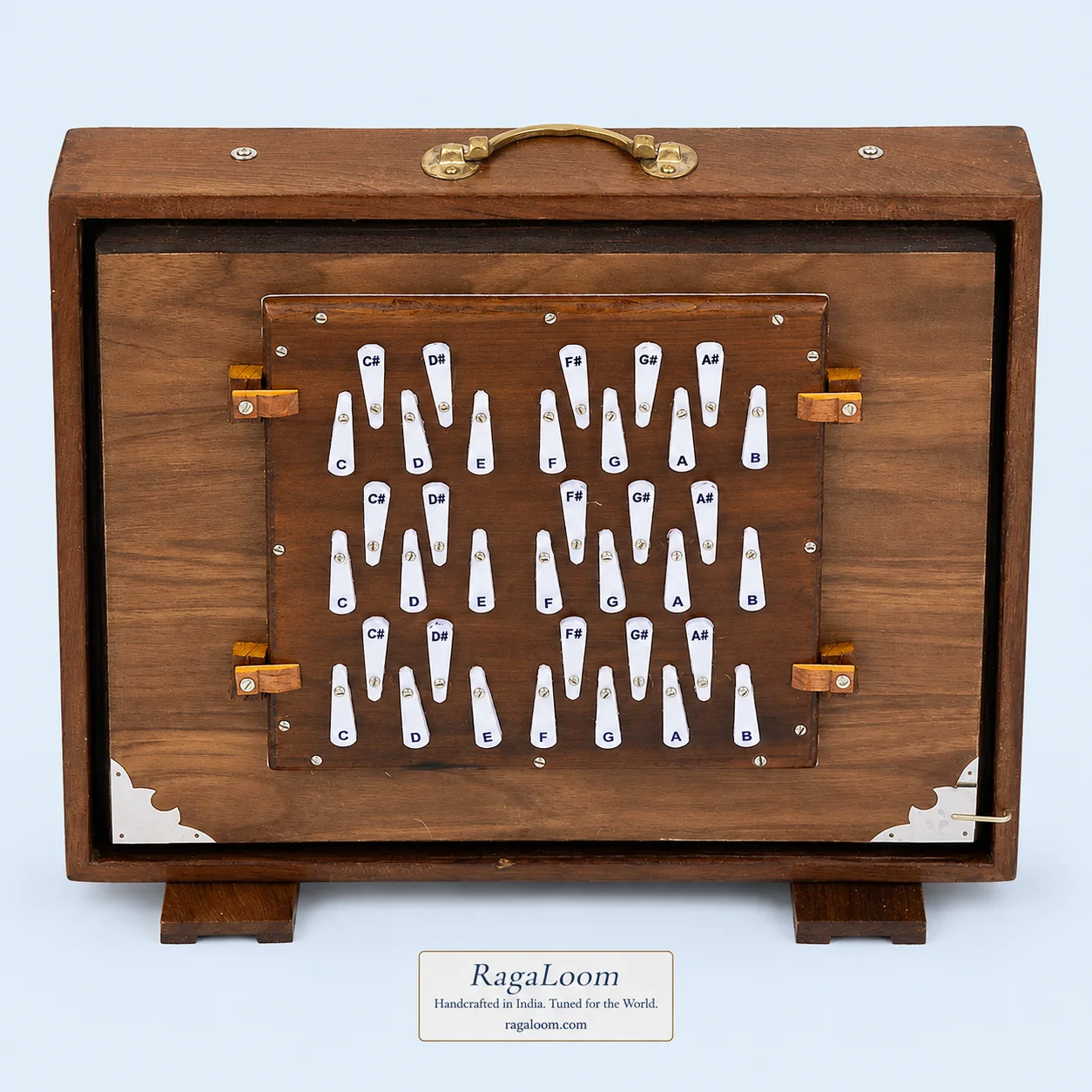 RagaLoom 17-inch teak three-reed shruti box tuned to 440 Hz, front view