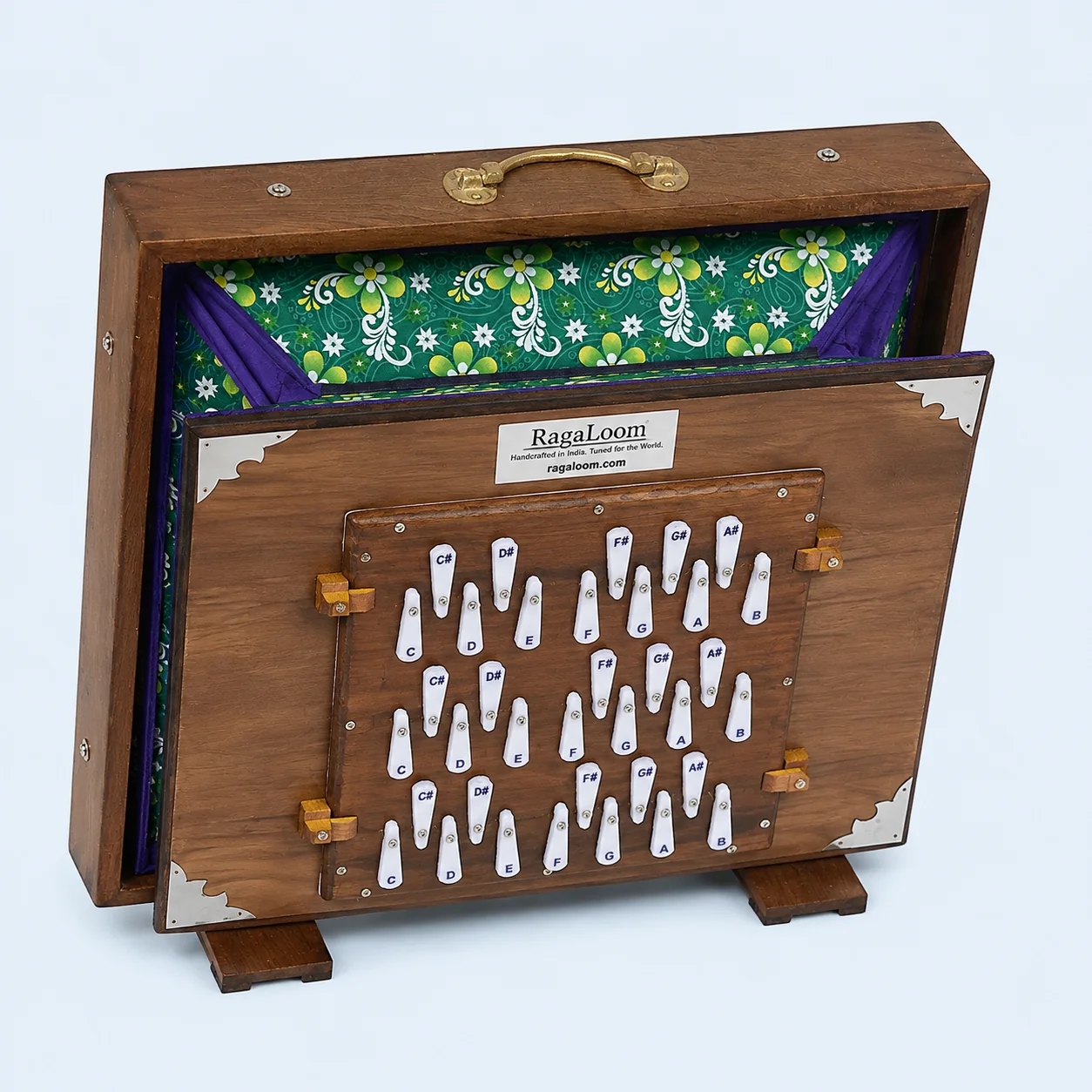 RagaLoom 17-inch three-reed shruti box with green floral bellows open