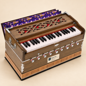 Extra-height dark oak harmonium with 42 keys, nine stops and coupler – front view