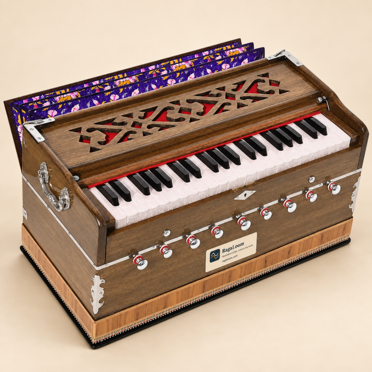 Extra-height dark oak harmonium with 42 keys, nine stops and coupler – front view