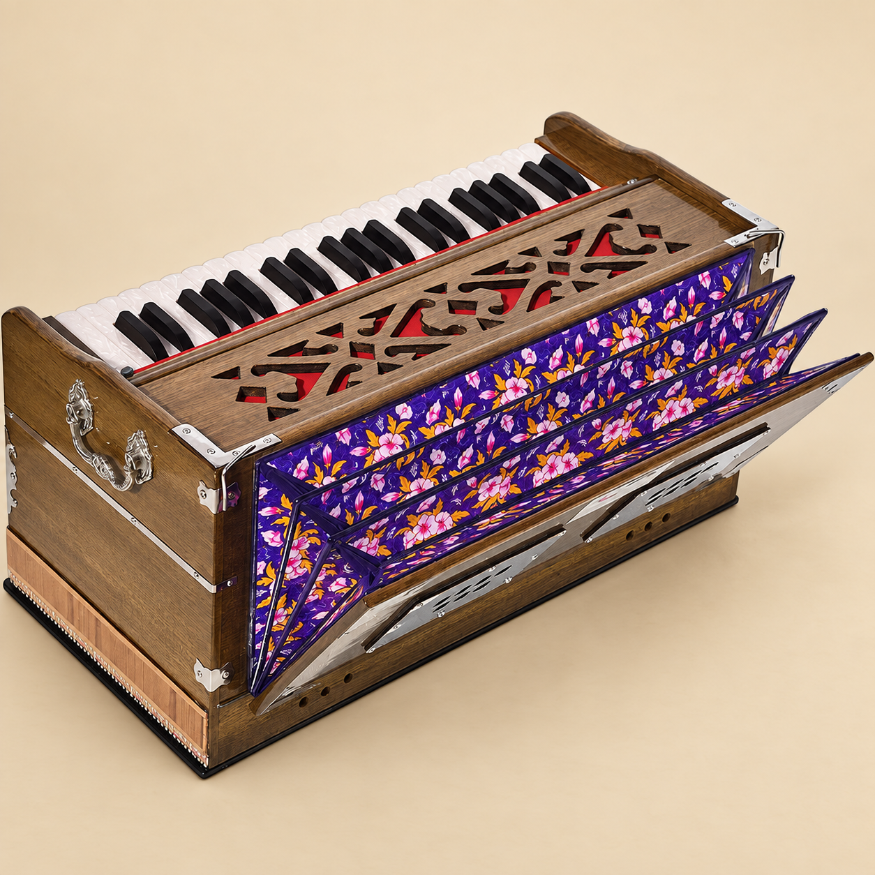 Extra-height dark oak harmonium showing double-fold bellows – rear view