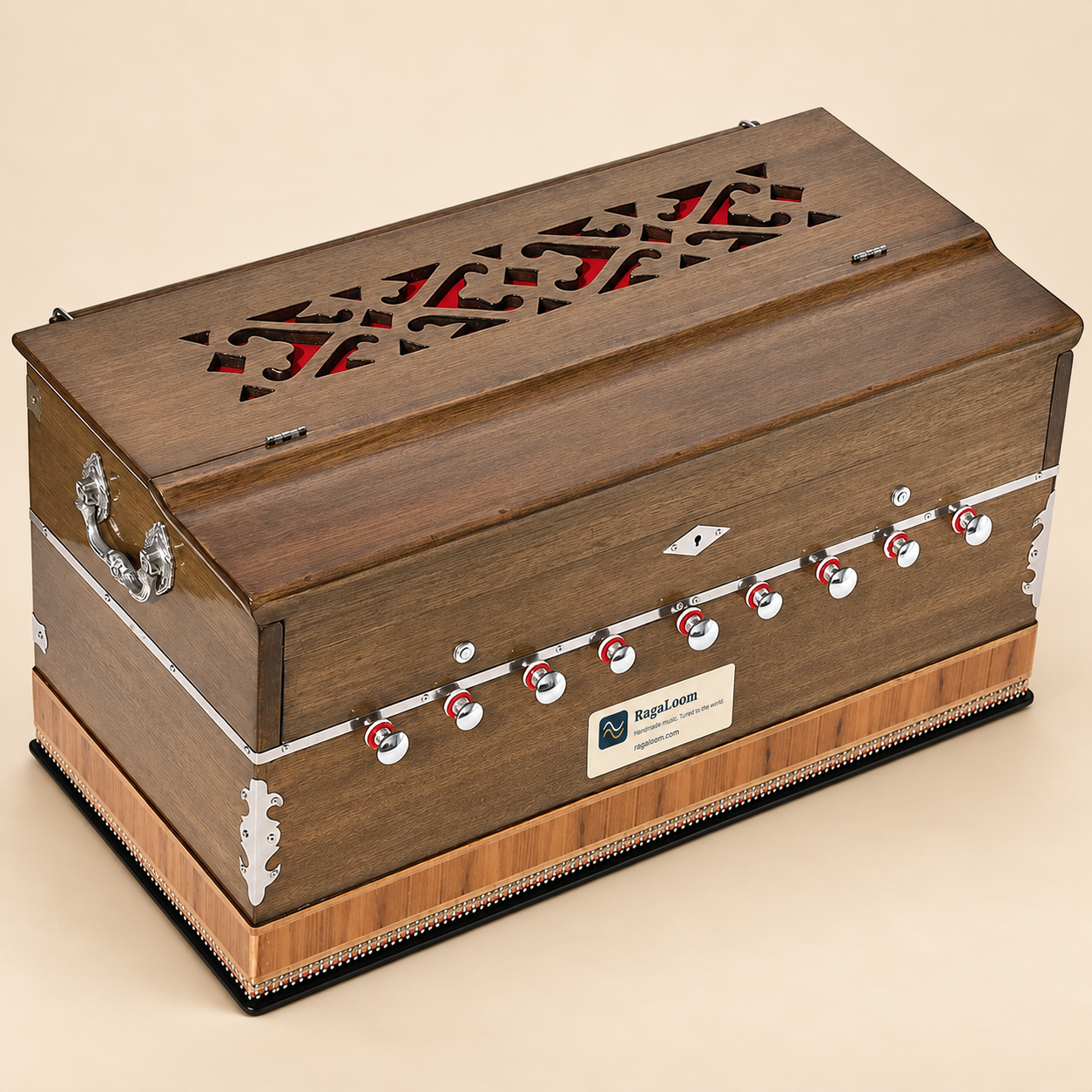 Extra-height dark oak harmonium with protective keyboard cover closed