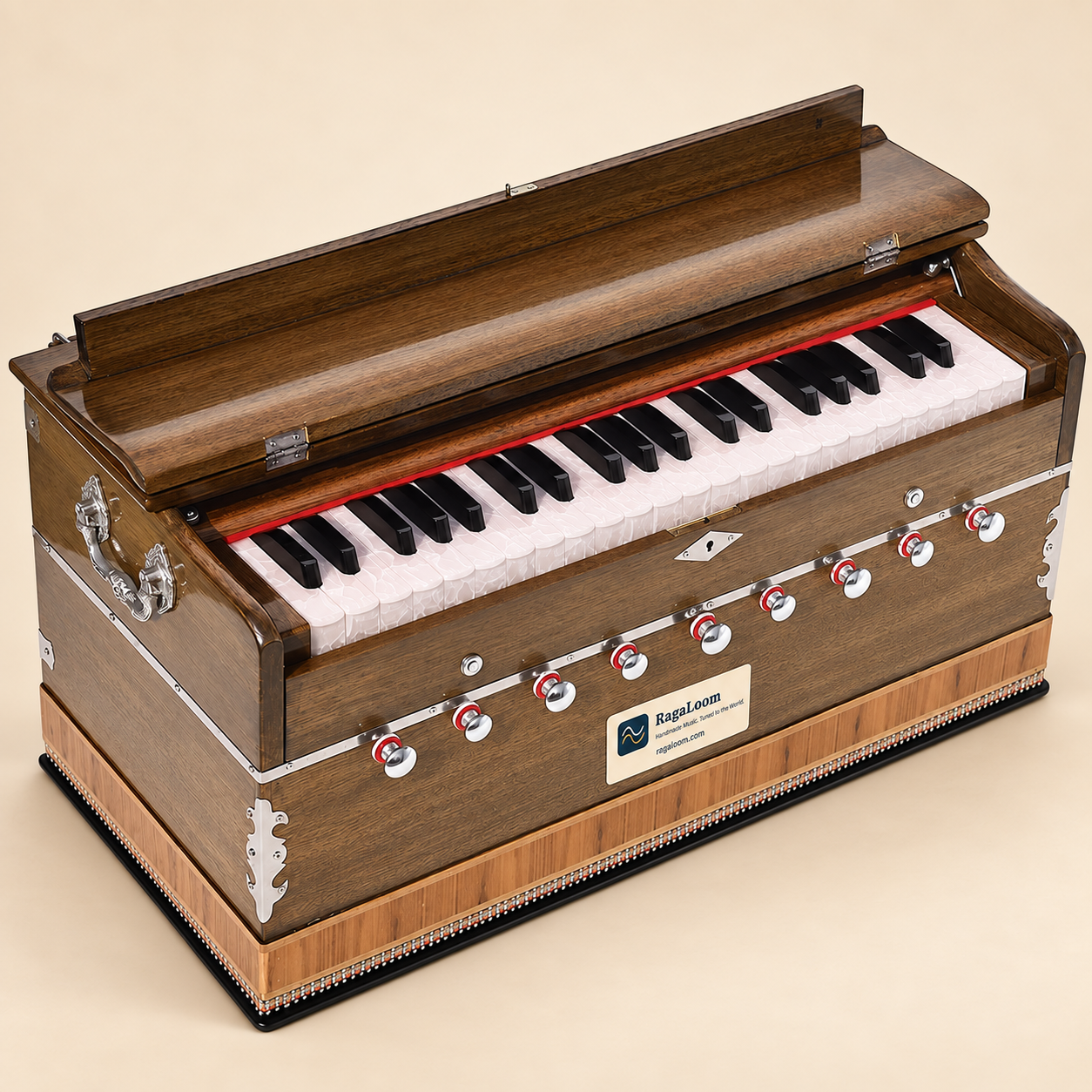 Extra-height dark oak harmonium with 42-key keyboard open