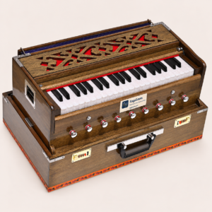 Dark oak folding Traveler harmonium with 42 keys, nine stops and coupler – front left view