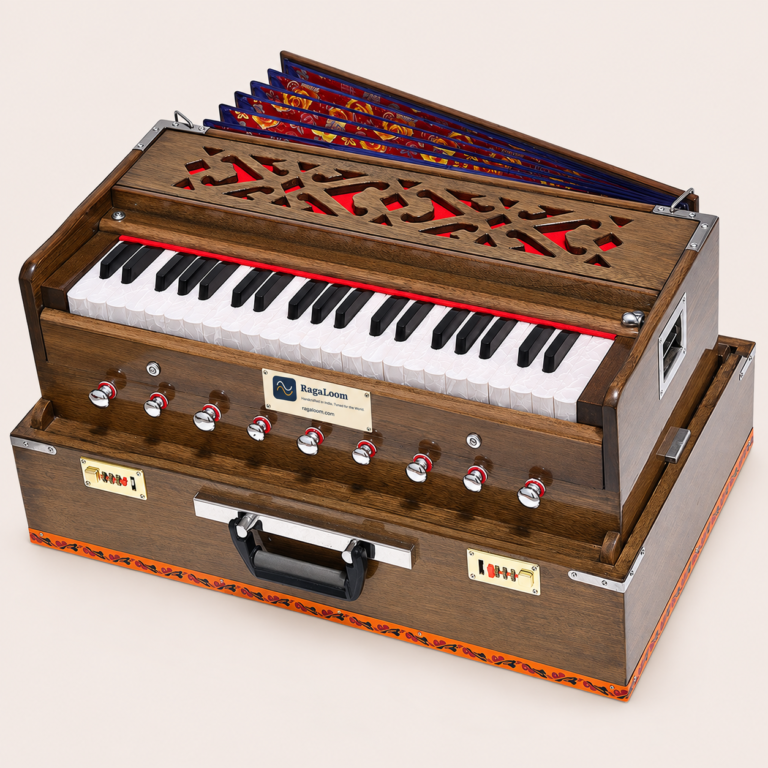 Dark oak folding traveler harmonium, front right view