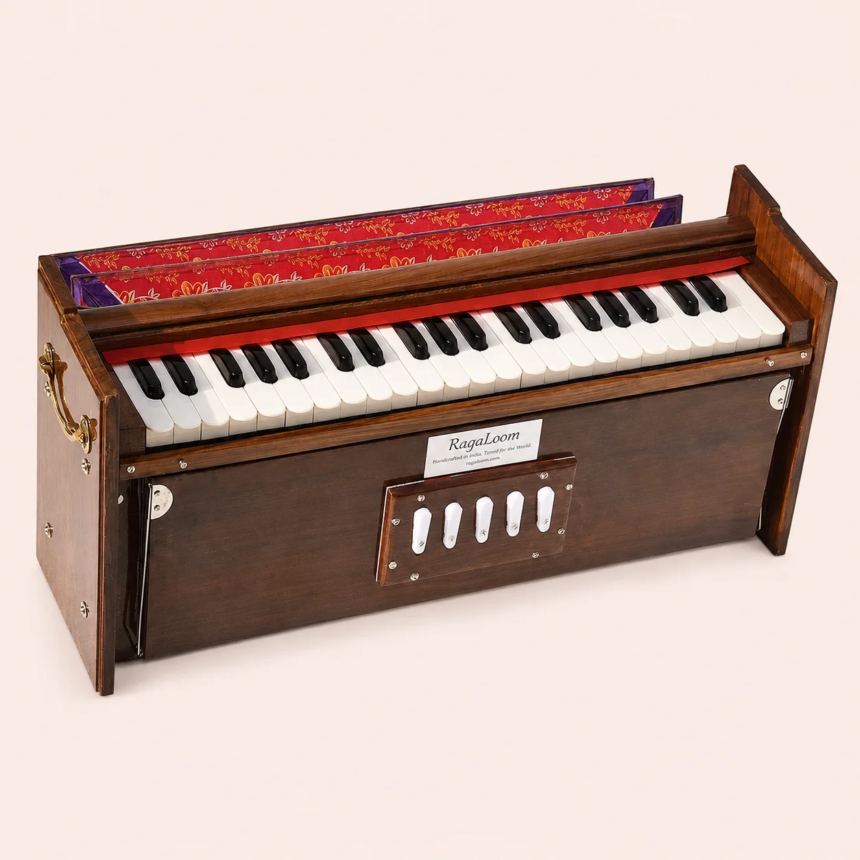 RagaLoom Dulcetina teak harmonium with 42 keys and five drone stops, front view
