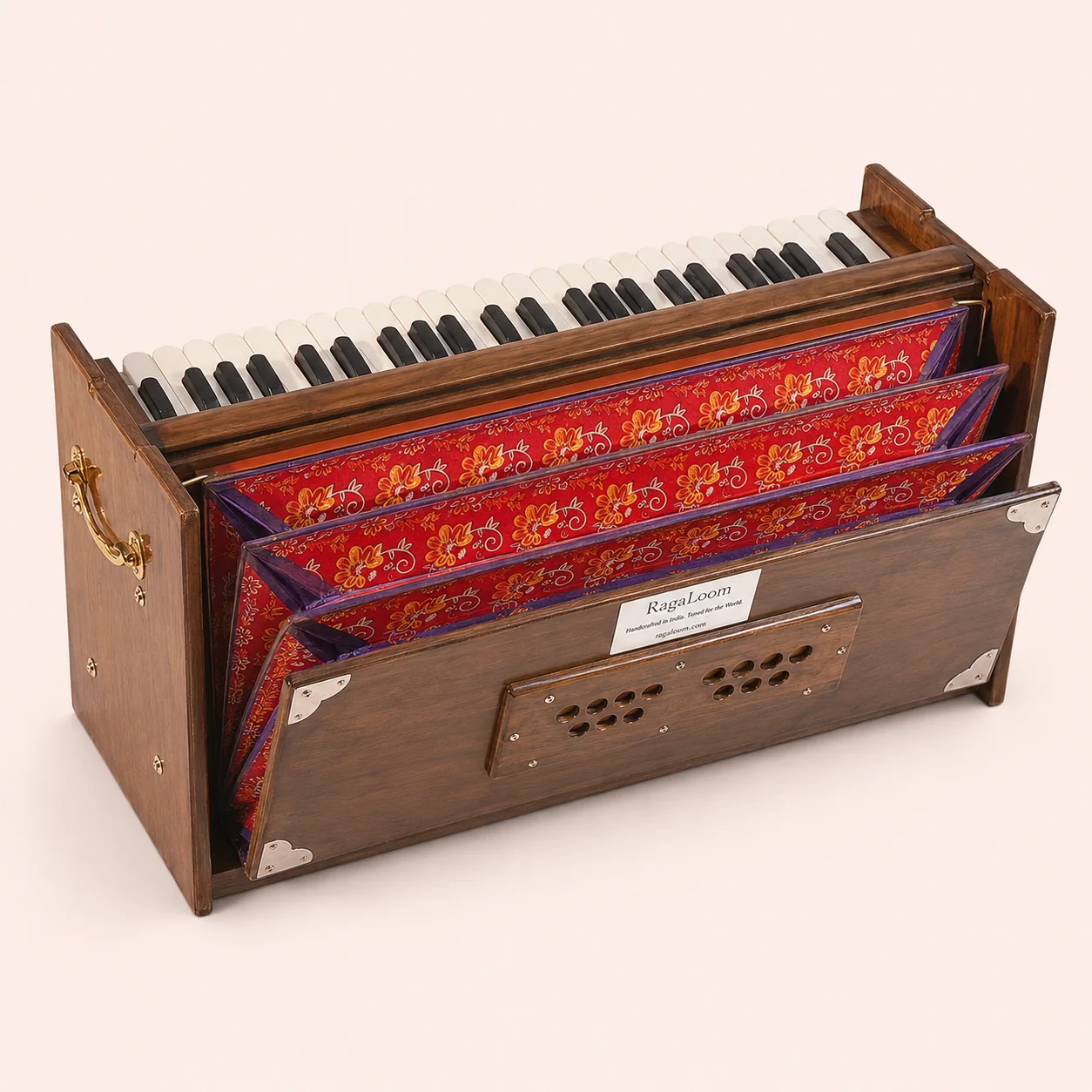 RagaLoom Dulcetina teak harmonium with red floral multi-fold rear bellows open