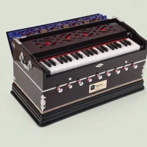 Extra-height mahogany harmonium with 9 stops and coupler, front angle