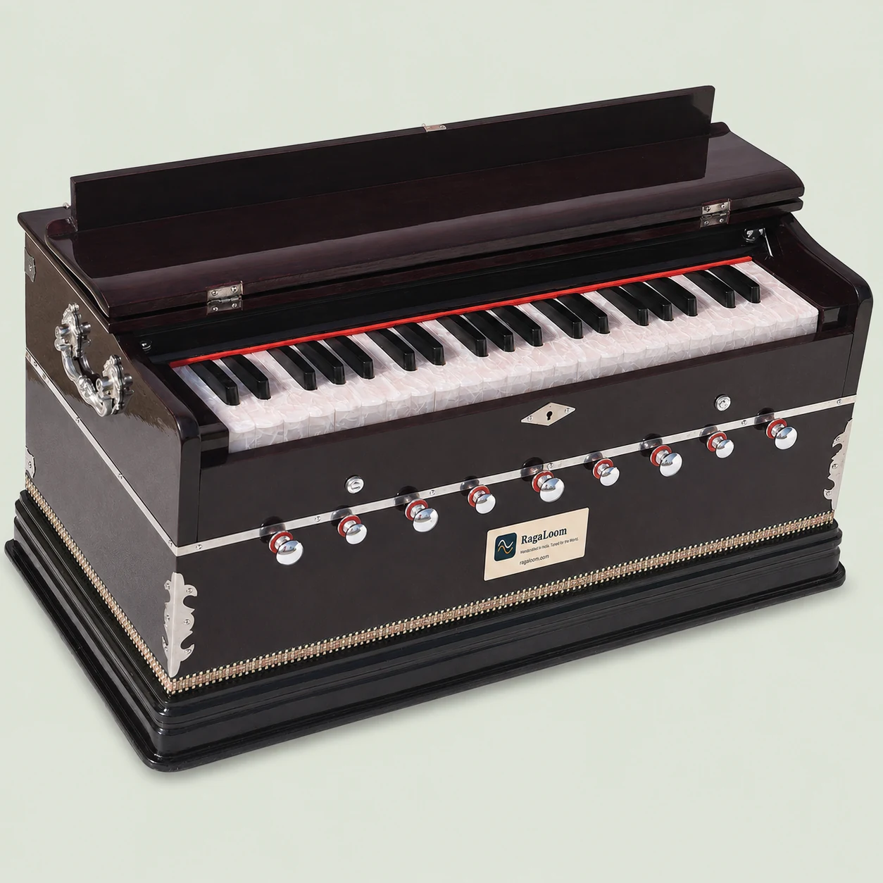 Extra-height mahogany harmonium with open keyboard and 9 stops