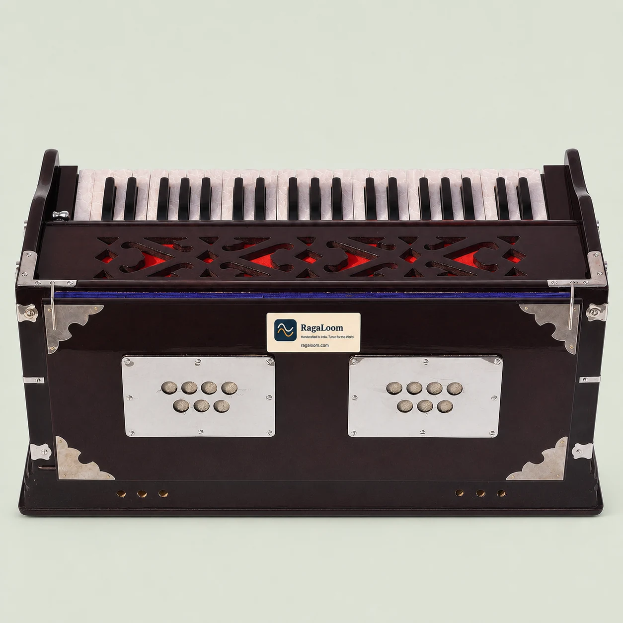 Rear closed view of extra-height mahogany harmonium