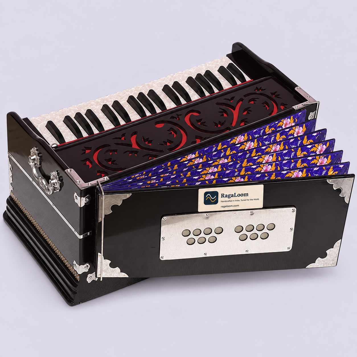Magic Voice mahogany harmonium with seven-fold bellows open, rear view