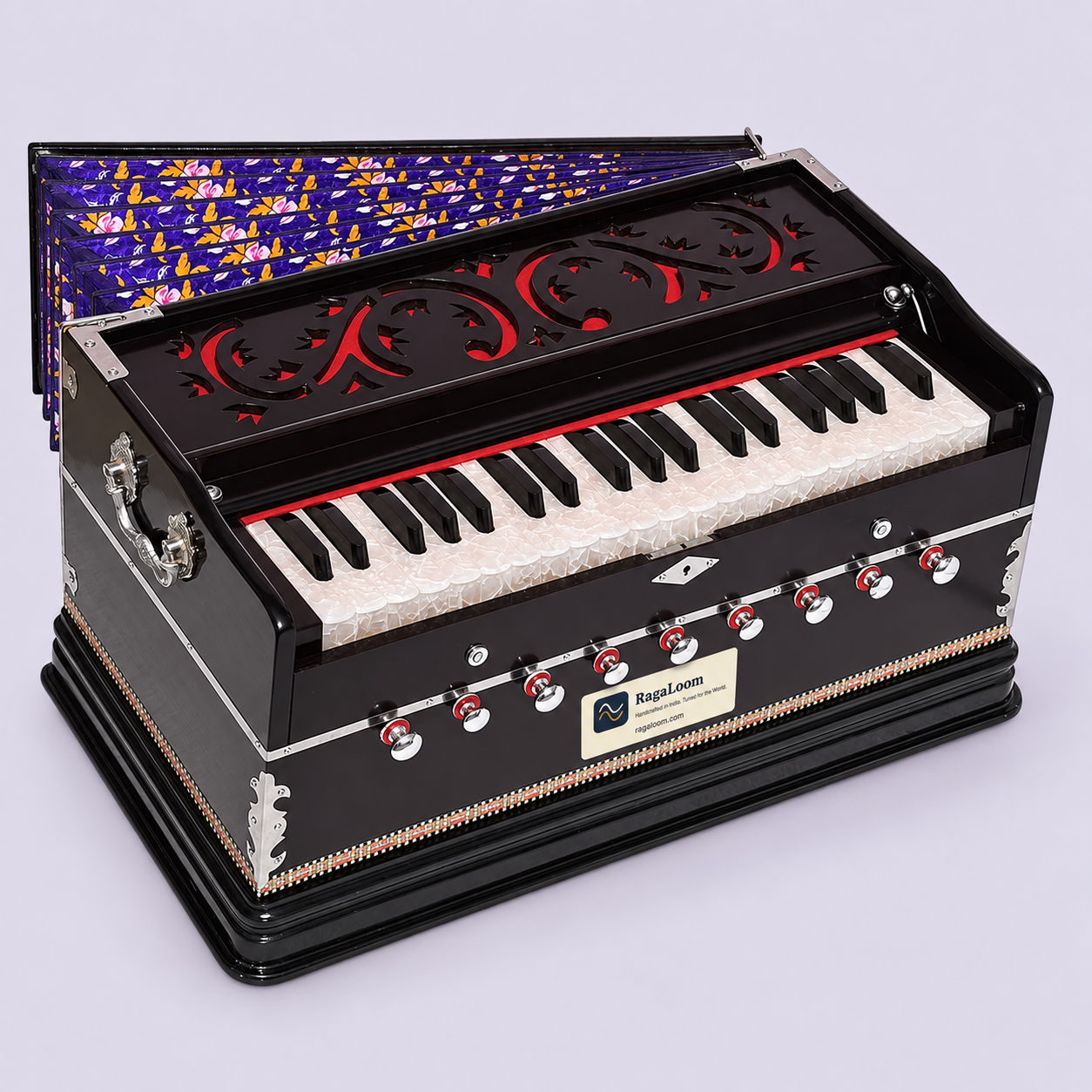 Magic Voice dark mahogany harmonium, 39 keys and nine stops, front angle