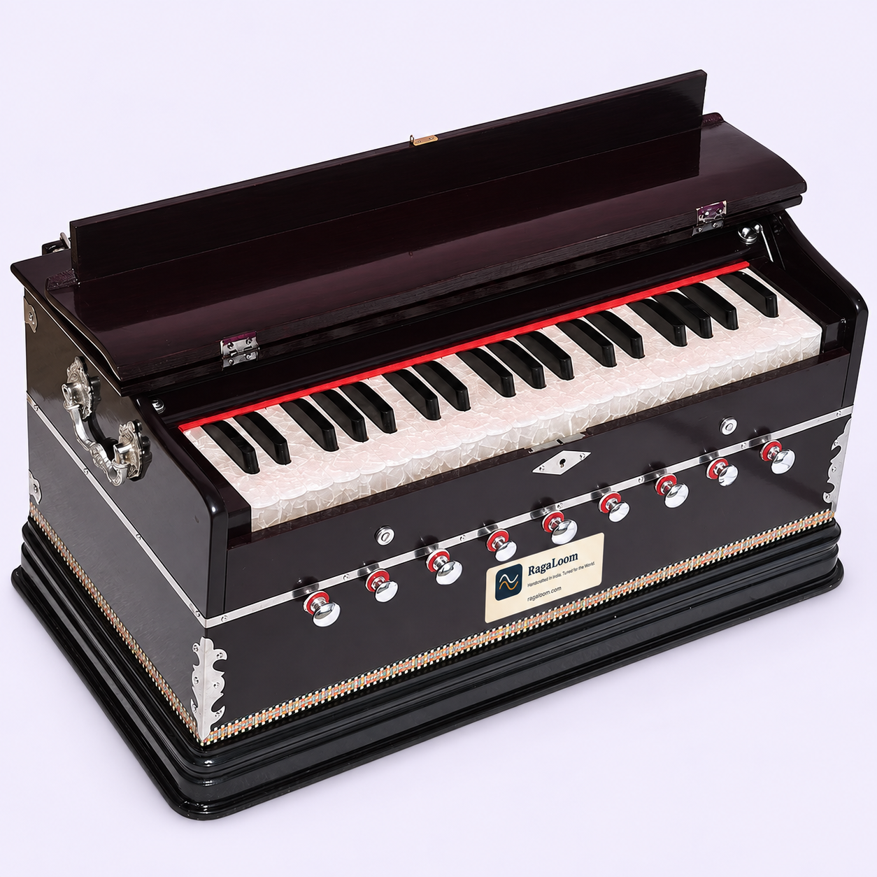 Magic Voice mahogany harmonium open keyboard with 39 keys and front stop controls