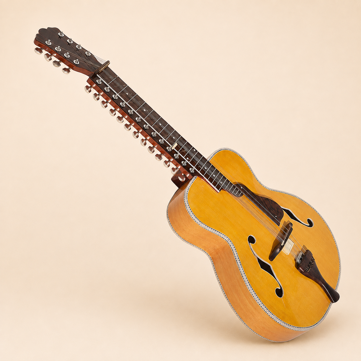 Handcrafted 21-string Mohan Veena on warm ivory background