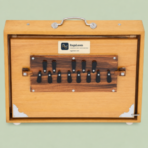 Natural teak-finish 16-inch eco shruti box, front view with 13 note controls and RagaLoom label on soft sage background