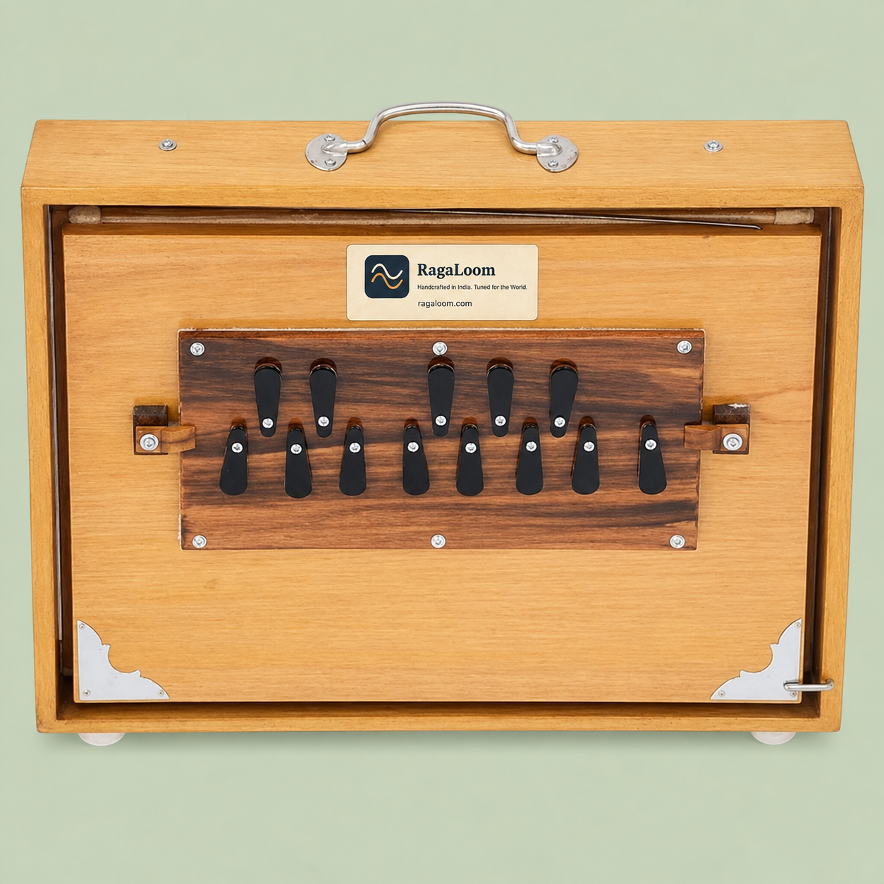 Natural teak-finish 16-inch eco shruti box, front view with 13 note controls and RagaLoom label on soft sage background