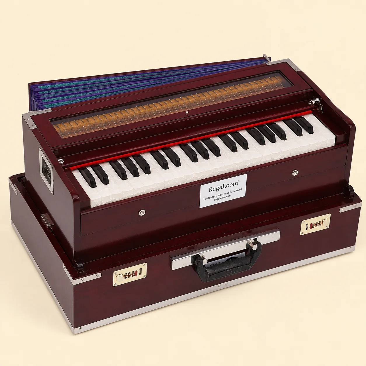 RagaLoom dark cherry folding Traveler harmonium with 42 keys and no front stops