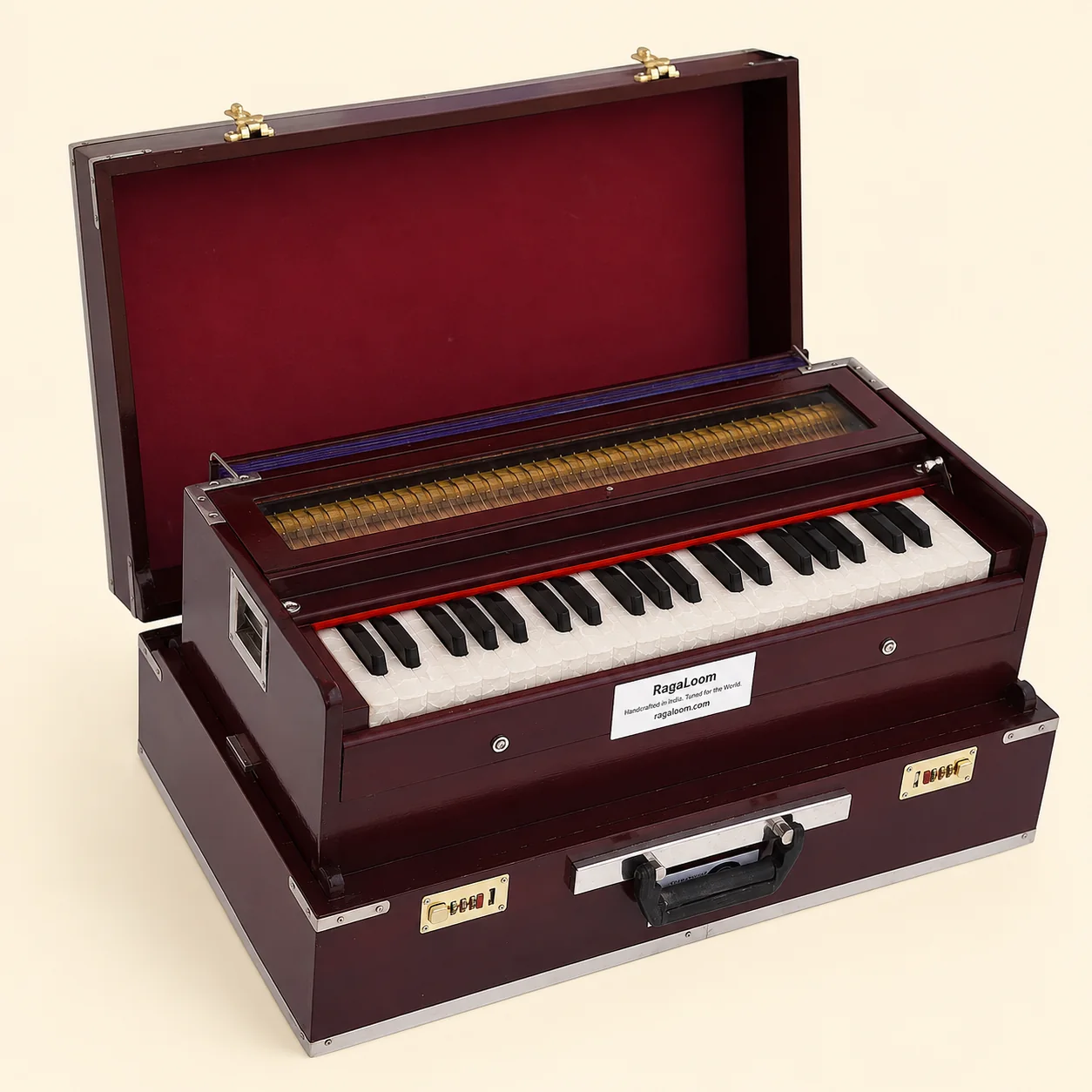 RagaLoom 3.5-octave folding Traveler harmonium with protective case lid open