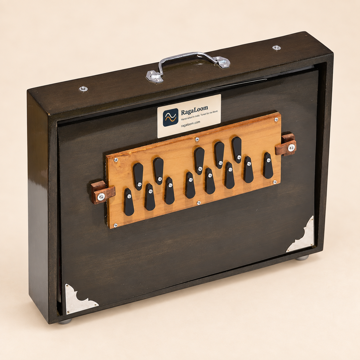 Oak-finish 16-inch shruti box, closed angled view on warm sand background