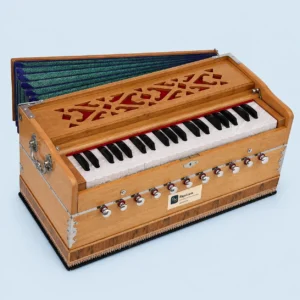 Pro-grade teak harmonium with 11 stops and coupler, front angle