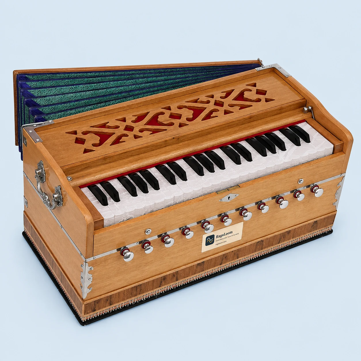 Pro-grade teak harmonium with 11 stops and coupler, front angle