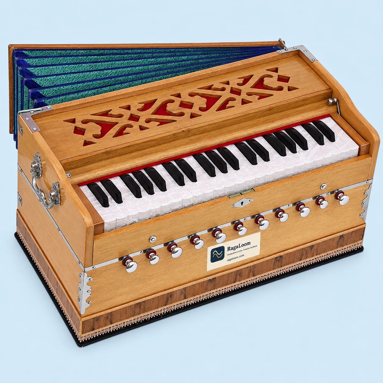 Teak harmonium keyboard, 11 stops and coupler detail