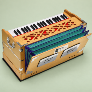 Extra-height teak matte harmonium with 42 keys, nine stops and coupler, rear bellows view