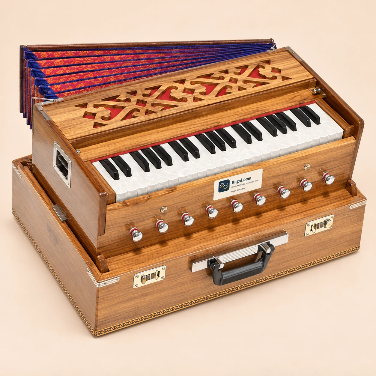 Teak traveler harmonium folding case and handle detail