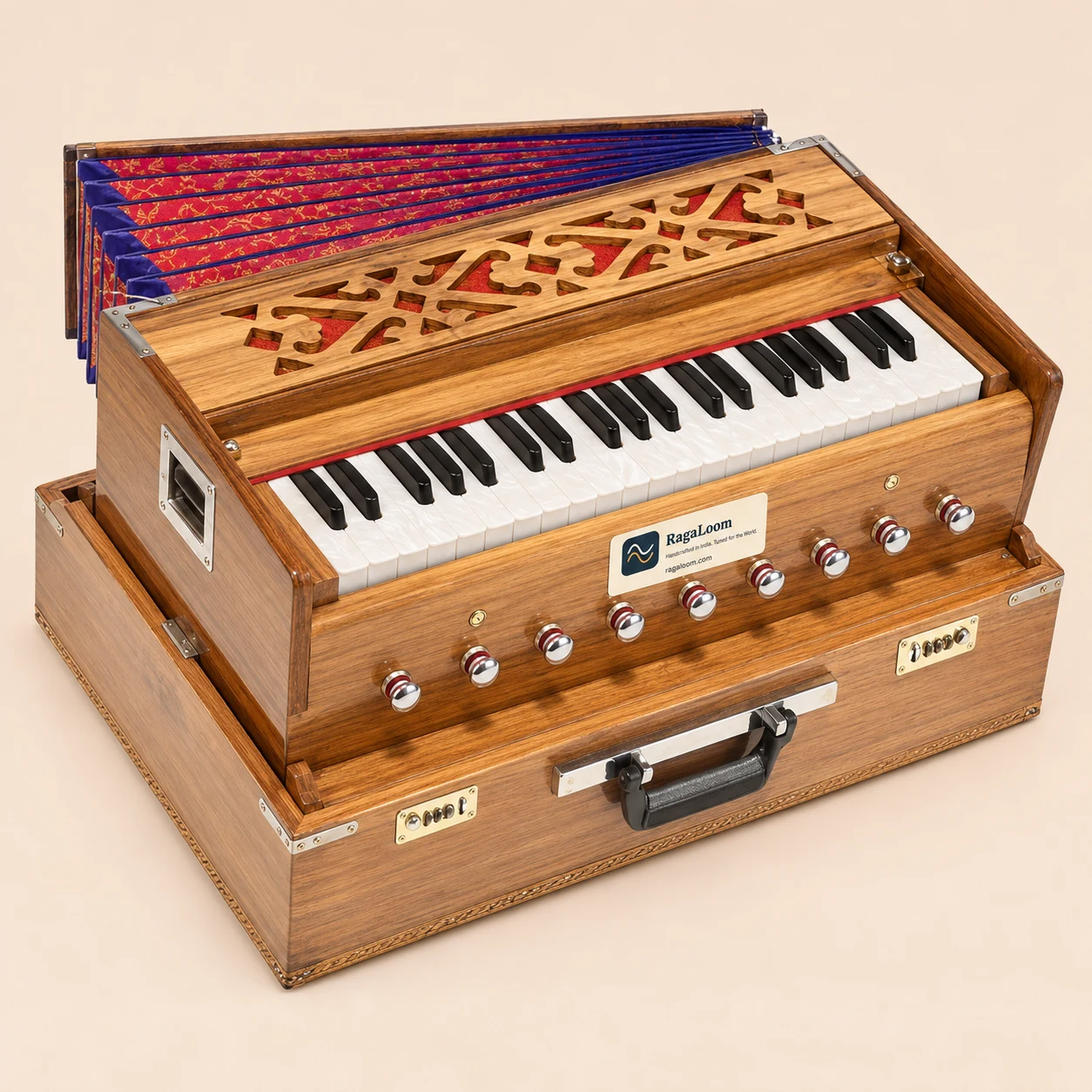 Teak traveler harmonium keyboard, stops and bellows from above
