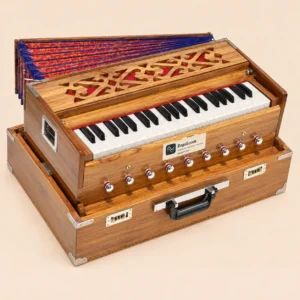 Teak folding traveler harmonium with 9 stops and coupler, front angle