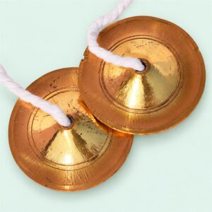 Pair of handcrafted 4-inch brass manjira hand cymbals with white cotton cords