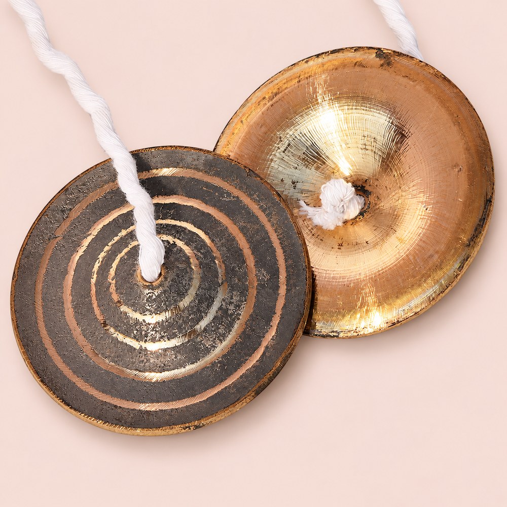 Bronze manjira pair showing patterned outer cymbal and bright inner cymbal