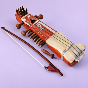 Natural tun-wood sarangi with bow on pale lavender background