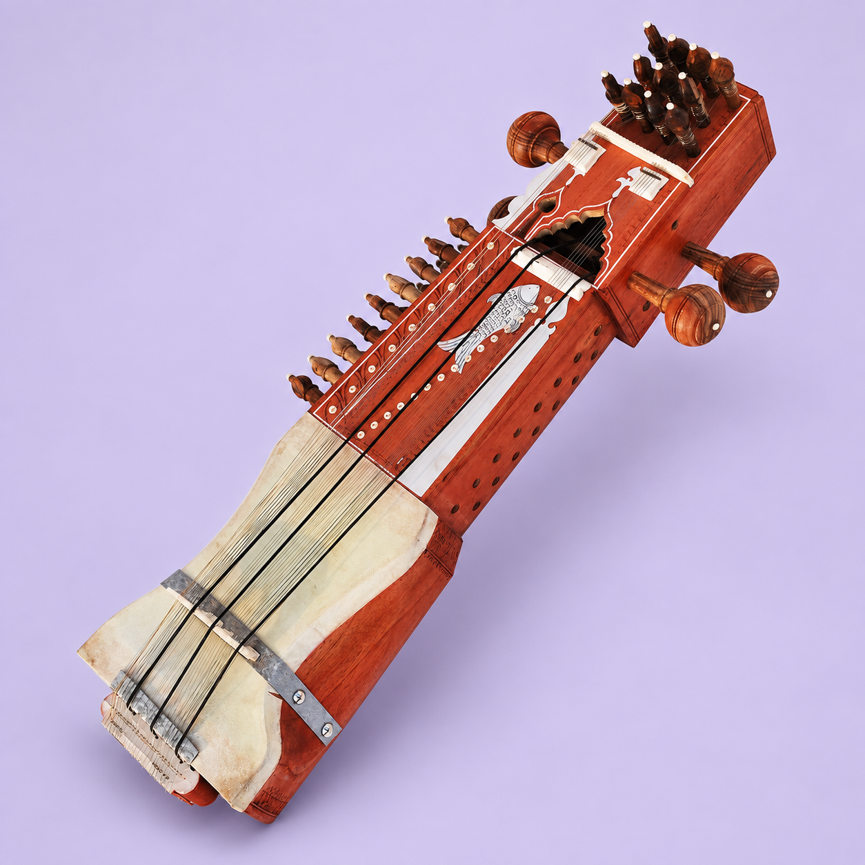 Traditional tun-wood sarangi front view on pale lavender background
