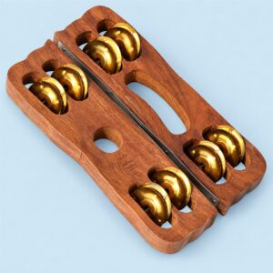 Handcrafted sheesham wood khartal pair with metal jingles, front angle