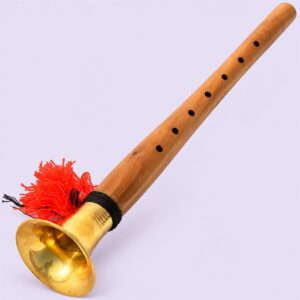 Handcrafted teak wood shehnai with brass bell and red tassel, front angle